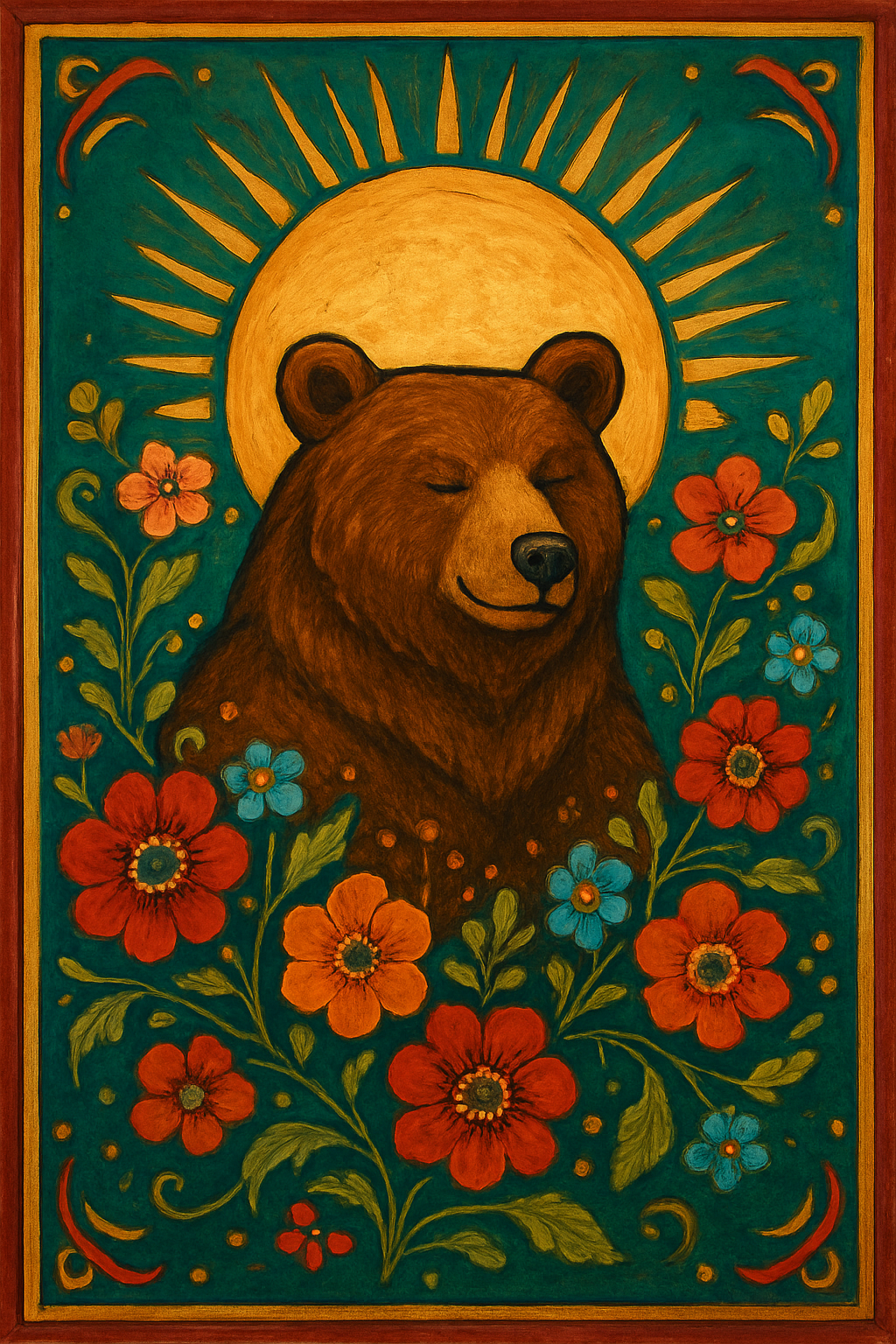 A content-looking brown bear, depicted from the waist up, surrounded by flowers in warm colors, with a radiant sun behind its head. The whole image looks like handpainted decorations.